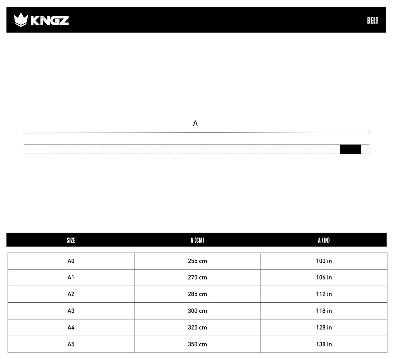 Kingz Absolute Premium BJJ Belt size chart