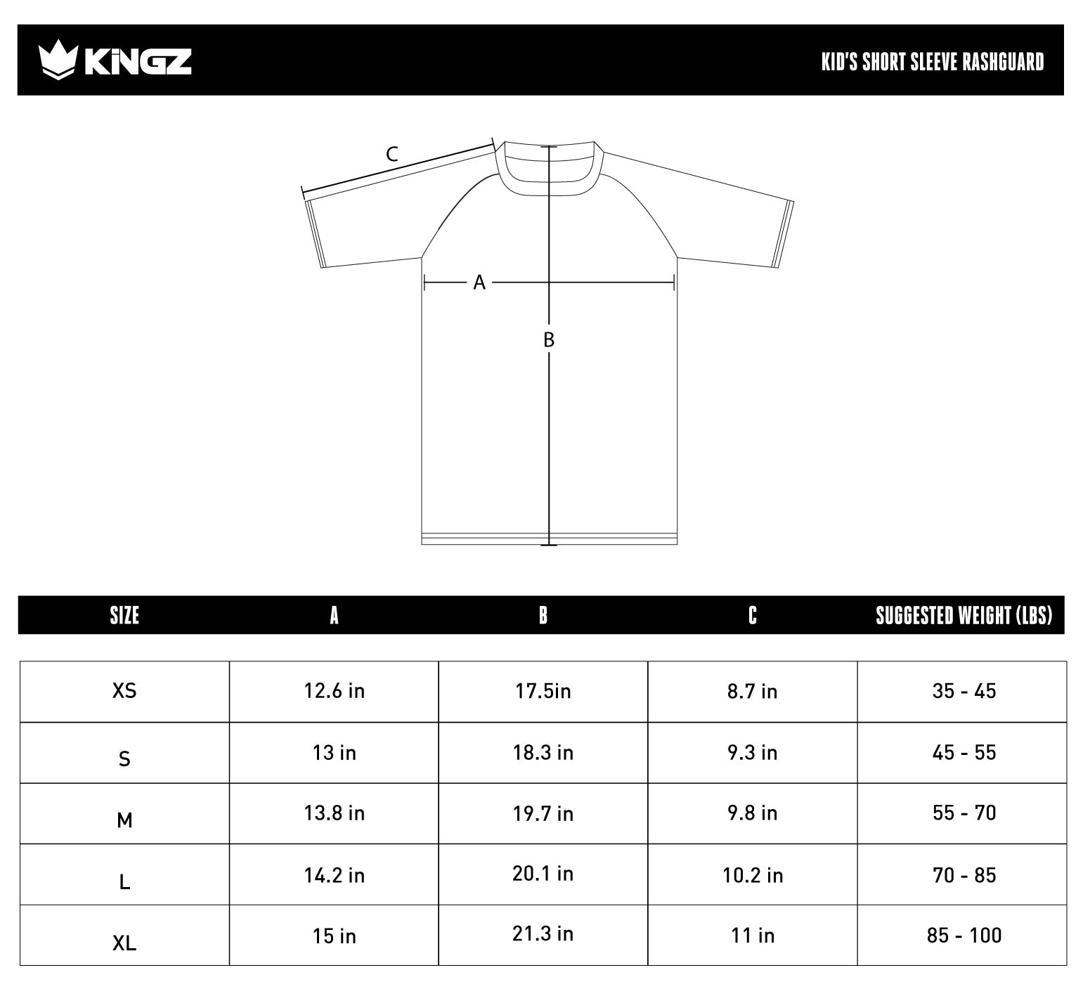 Rashguard à manches courtes Kore V2 pour jeunes size chart