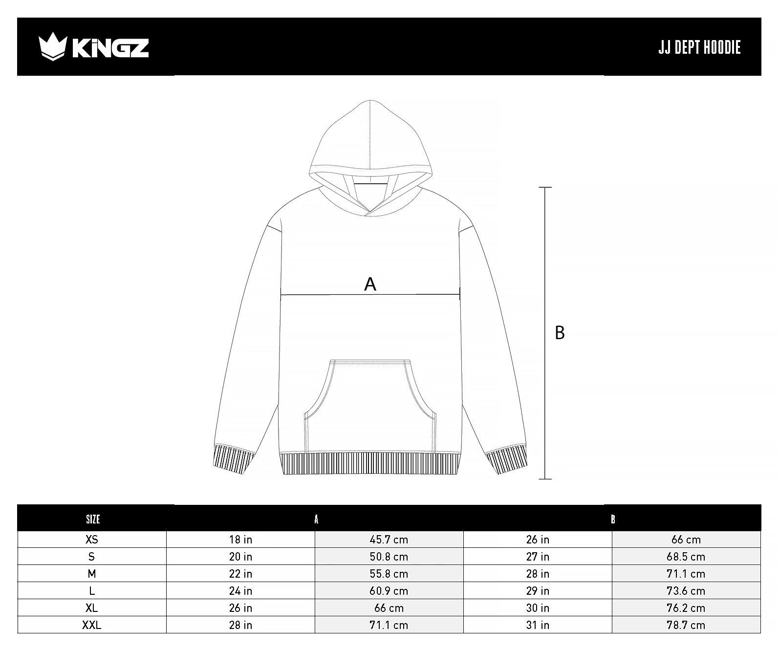 Kingz JJ Dept Men's Hoodie size chart