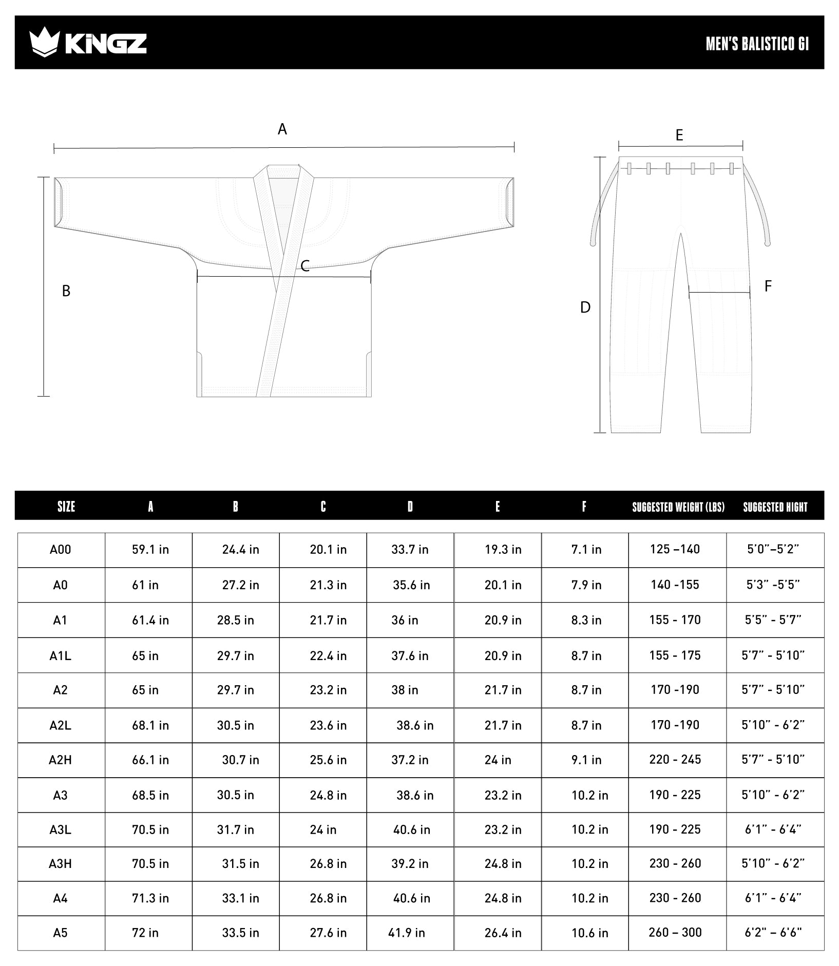 Balistico 4.0 Brazilian Jiu Jitsu Gi - White size chart