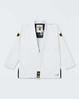 Kingz Legends Never Die Respect Women's Gi - White - Flat Lay Product Only White Gi Black Crown Badge Collar Patch Gold Crown Shoulder Patches BJJ Training Gi [color:White]