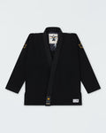 Kingz Legends Never Die Respect Youth Gi - Black - Flat Lay Product Only Black Gi Gold Crown Shoulder Patches Kingz Label Hem Embroidered Logo BJJ Gi Training [color:Black]