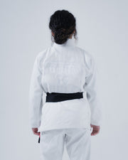 Kingz Born to Rule Women's Jiu Jitsu Gi - White - Back View Female Athlete Embroidered "BORN TO RULE" Text Black Belt Contrast Lightweight Durable Fabric Women's BJJ Gi Training Competition [color:White]