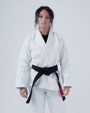 Kingz Born to Rule Women's Jiu Jitsu Gi White - Front View Female Athlete Black Belt White Gi Subtle Crown Badge Embroidered Shoulder Classic Fit BJJ Gi Training [color:White]