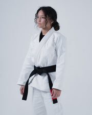Kingz Born to Rule Women's Jiu Jitsu Gi - White - Front View Female Athlete White Gi Black Belt Subtle Crown Embroidery Fitted Design BJJ Gi Training [color:White]