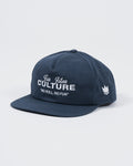 Kingz Jiu Jitsu Culture Five Panel Navy - Angled Front View Embroidered White Text "Jiu Jitsu CULTURE" "NO ROLL, NO FUN" Crown Badge Side Panel Structured Fit BJJ Training Hat [color:Navy]