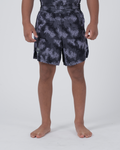 Kingz Viper Youth Shorts Black Purple - Full Body Front View Teen Boy Athlete Dark Navy Black Hexagonal Camo Pattern Sublimated Competition Cut Kids Grappling Shorts No-Gi BJJ Youth Collection