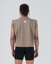 Kingz HQ Women's Crop Tank Brown - Back View Female Athlete Sleeveless Design White Crown Logo Upper Back Relaxed Fit Streetwear [color:Brown]