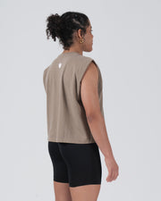 Kingz HQ Women's Crop Tank Brown - Back View Female Model Sleeveless Design White Crown Logo Upper Back Relaxed Fit Streetwear [color:Brown]