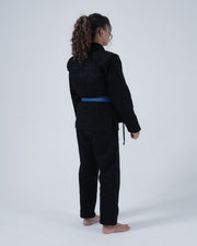 Kingz Born to Rule Women's Jiu Jitsu Gi Black - Back View Female Athlete Black Gi Subtle Embroidered Text Back Blue Belt Contrast Clean Design BJJ Training Gi [color:Black]