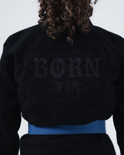 Kingz Born to Rule Women's Jiu Jitsu Gi Black - Back View Black Embroidered "BORN TO RULE" Text Quilted Pattern Blue Belt Contrast Detail Premium Fabric BJJ Gi [color:Black]