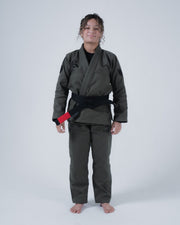 Kingz Born to Rule Women's Jiu Jitsu Gi Military Green - Full Body Front View Female Athlete Black Embroidered Logos Black Belt Contrast Stitching Durable Fabric BJJ Gi Training [color:Military Green]