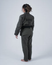 Kingz Born to Rule Women's Jiu Jitsu Gi Military Green - Back View Female Athlete Black "BORN TO RULE" Text Back Panel Military Green Fabric Tailored Fit BJJ Gi Training [color:Military Green]