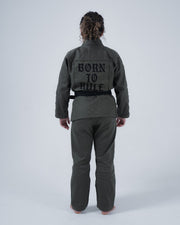 Kingz Born to Rule Women's Jiu Jitsu Gi Military Green - Back View Female Athlete Bold "Born to Rule" Text Back Black Belt Quilted Pattern Durable Fabric BJJ Gi Training Apparel [color:Military Green]