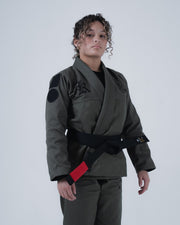 Kingz Born to Rule Women's Jiu Jitsu Gi Military Green - Front View Female Athlete Black Shoulder Logo Black Belt Red Tab Quilted Texture Durable Fabric BJJ Training Gi [color:Military Green]