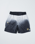 Kingz Galaxy Youth Shorts Black White - Flat Lay Product Shot Galaxy Gradient White Top to Black Bottom Speckle Pattern Gold Star Sparkles Left Side Gold Circular Crown Badge Right Side Black Waistband Kids Grappling Shorts No-Gi BJJ