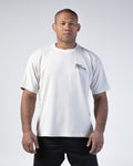 Kingz Original Tee - White Front Worn - Small Chest Text - Model Torso View - BJJ Streetwear Apparel