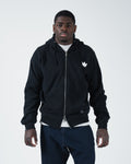 Kingz Kore V2 Zip Up Hoodie - Front Worn View - White Crown Chest Logo and Full Zip - Black - BJJ Streetwear Hoodie