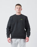 Kingz Type Crewneck - Front Worn View - Green Kingz Script Chest Logo - Charcoal - BJJ Streetwear Crewneck