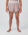 Kingz Hybrid Women's Shorts Terra Soil - Full Body Front View Female Athlete Dusty Rose Mauve Color White Elastic Waistband White Crown Logo Left Thigh Competition Cut Women's Grappling Shorts No-Gi BJJ