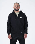 Kingz No Days Off Zip Up Hoodie - Front Worn View - White Crown Chest Logo and Sleeve Print - Black - BJJ Streetwear Hoodie