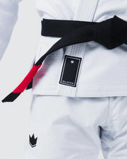 Kingz Balistico 4.0 BJJ Gi White waist view showing tied black belt with red bar and Balistico label