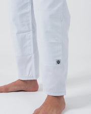 Kingz Balistico 4.0 BJJ Gi White pants closeup showing ripstop lower leg hem and crown ankle shield patch