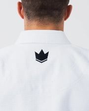 Kingz Balistico 4.0 BJJ Gi White upper back closeup showing black crown logo below rubber collar