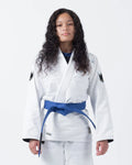 Kingz Nano 3.0 Women's BJJ Gi White - Upper Body Front View Female Athlete Blue Belt Crown Logo 380gsm Pearl Weave IBJJF Approved