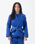 Kingz Nano 3.0 Women's BJJ Gi Blue - Upper Body Front View Female Athlete Blue Belt NANO Text KINGZ Logo 380gsm Pearl Weave