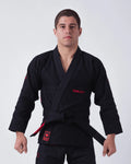 Kingz Ultralight 2.0 BJJ Gi Black - Front View Male Athlete Wearing Black Gi Red ULTRALIGHT Text Crown Logo Patch Lightweight Competition Kimono