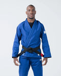 Kingz The ONE V2 BJJ Gi Blue front view showing black belt with red bar and white crown chest logos