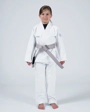 Kingz Born to Rule Youth Jiu Jitsu Gi White - Front View Youth Athlete White Gi Subtle Embroidered Logo Yellow Belt Contrast Clean Design BJJ Gi Training [color:White]
