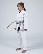 Kingz Born to Rule Youth Jiu Jitsu Gi - White - Full Body Front View Young Athlete White Gi Yellow Belt Embroidered Logo Lightweight Durable Fabric Traditional Cut BJJ Training Gi [color:White]