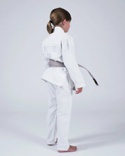 Kingz Born to Rule Youth Jiu Jitsu Gi White - Back View Youth Athlete Embroidered "Born to Rule" Text White Fabric Yellow Belt Comfortable Fit BJJ Gi Training [color:White]
