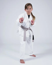 Kingz Born to Rule Youth Jiu Jitsu Gi - White - Full Body Front View Young Athlete White Gi Yellow Belt Subtle KINGZ Logo Embroidered Chest Durable Fabric Youth BJJ Training Gi [color:White]