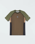 Kingz Terra Rashguard Brown Green - Front Flat Lay Product Shot Short Sleeve Brown Earthy Center Body Olive Green Raglan Sleeves Dark Navy Side Panels White Crown Logo Circle Chest KINGZ White Sleeve Text Green Collar BJJ No-Gi
