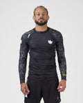 Kingz Ranked Performance V3 L/S Rashguard Black - Full Body Front View Male Athlete Long Sleeve Crown Logo Patterned Sleeves IBJJF Approved Compression Fit