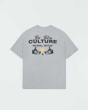 Kingz Jiu Jitsu Culture Tee - Flat Lay Back - Jiu Jitsu Culture No Roll No Fun Grapplers Globe Back Print - Heather Grey BJJ