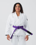 Kingz Kore V2 Women's BJJ Gi White - Upper Body Front View Female Athlete Purple Belt 380gsm Micro Pearl Weave