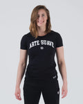 Kingz Arte Suave Women's Tee Black - Front View Female Athlete White ARTE SUAVE Text Chest Crown Logo Below Short Sleeve Fitted Cut BJJ Training Apparel [color:Black]