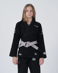 Kingz Nano 3.0 Youth BJJ Gi Black - Upper Body Front View Girl Athlete Gray Belt NANO Text Crown Logo 380gsm Youth Kids Size