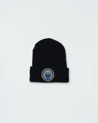 Kingz BJJ Club Waffle Knit Beanie Black - Flat Lay Product Only Blue Circular Logo Front Cuff Waffle Texture Streetwear [color:Black]