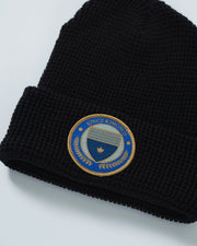 Kingz BJJ Club Waffle Knit Beanie Black - Close-Up Detail View Waffle Texture Blue Gold Kingz Kimonos Patch Front Fold Streetwear [color:Black]