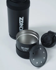 Kingz Hydrate Bottle Black - Close-Up Detail View Black Bottle White KINGZ Vertical Text Removable Lid Insulated Design Heavy Lies The Crown Text Accessories BJJ Training [color:Black]