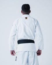 Kingz Legends Never Die Respect Gi - White - Back View Male Athlete Black Belt Crown Badge Collar Ultra Light Text Side Panel BJJ Gi Training [color:White]