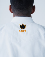 Kingz Legends Never Die Respect Gi - White - Back View Close-Up Black Crown Badge Yellow Embroidery Textured Fabric Collar BJJ Gi [color:White]