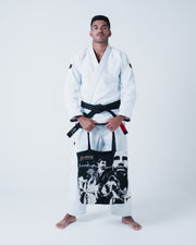 Kingz Legends Never Die Respect Gi - White - Full Body Front View Male Athlete White Gi Black Tote Bag Graphic Crown Badge Shoulders Black Belt BJJ Training Gi [color:White]