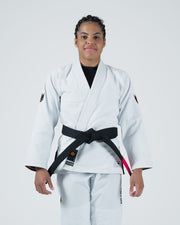 Kingz Legends Never Die Respect Women's Gi - White - Front View Female Athlete Black Belt Crown Badge Sleeves Black Inner Collar KINGZ Patch Front BJJ Gi Training [color:White]