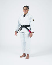 Kingz Legends Never Die Respect Women's Gi - White - Full Body Front View Female Athlete Black Belt Crown Badge Sleeve KINGZ Text Pant Leg Traditional Fit BJJ Gi [color:White]